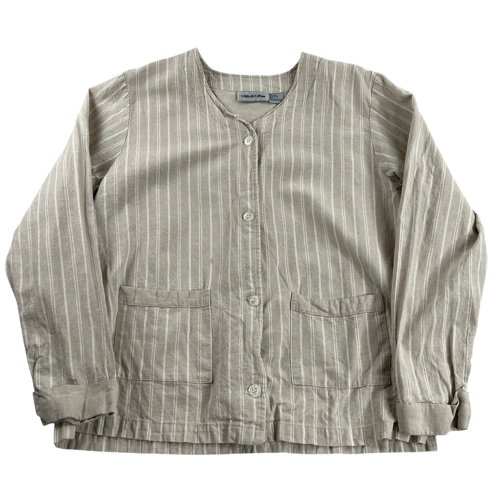 Marla Kim Womens L Striped Linen Cotton Blend Button Front Top Beige Coastal